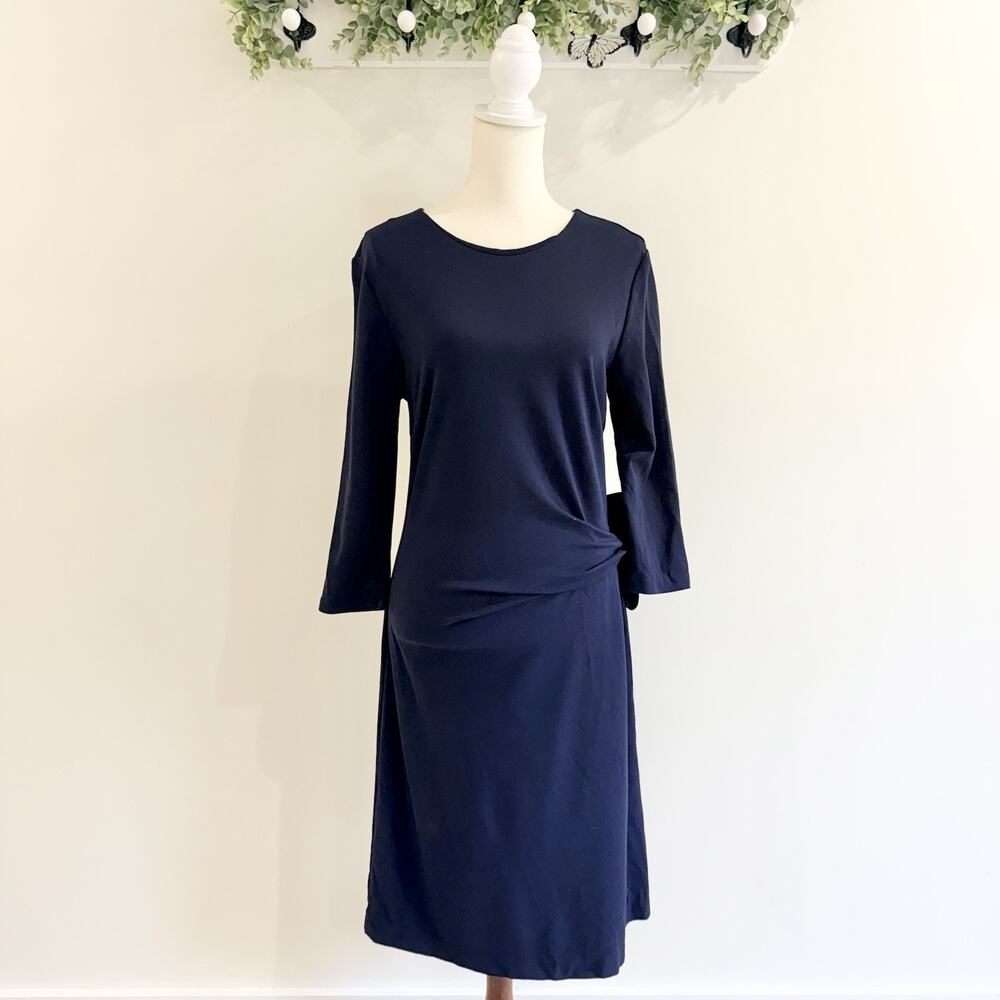 J Mclaughlin Navy Ruched Catalina Cloth 3/4 Sleeve Tie Dress Size Medium 153058
